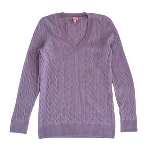 Lily Pulitzer Lavender Purple 100% Cashmere V Neck Cable Knit Sweater SZ M